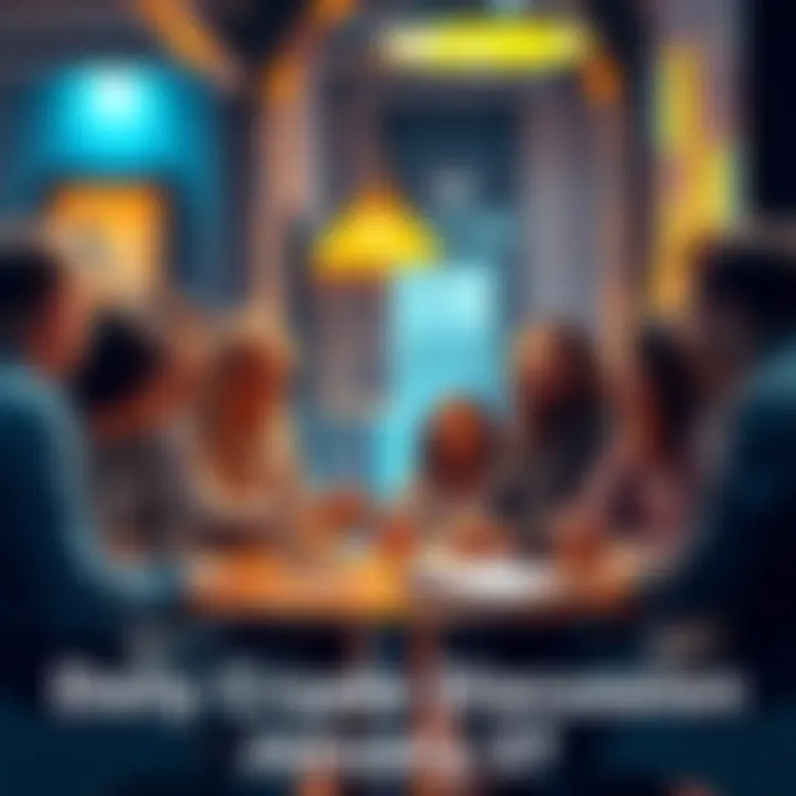 A group of people sharing insights and tips about cryptocurrency in a friendly setting