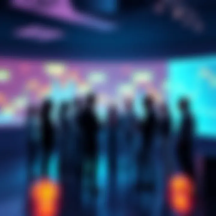 People engaging in a discussion about cryptocurrency with charts and graphs in the background.