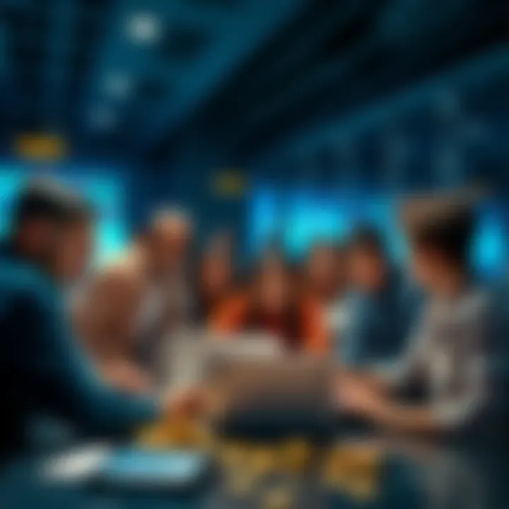 A diverse group of people eagerly discussing cryptocurrency trends with laptops and charts in a modern setting