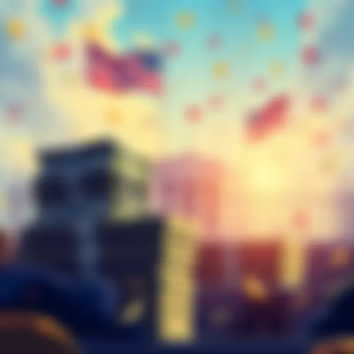 Illustration showing stacks of cash with a symbolic representation of Trump's inauguration in the background