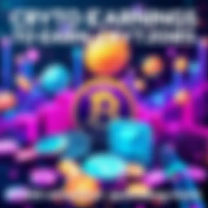 Illustration of various methods to earn cryptocurrency, like staking and using reward apps, with digital coins around.