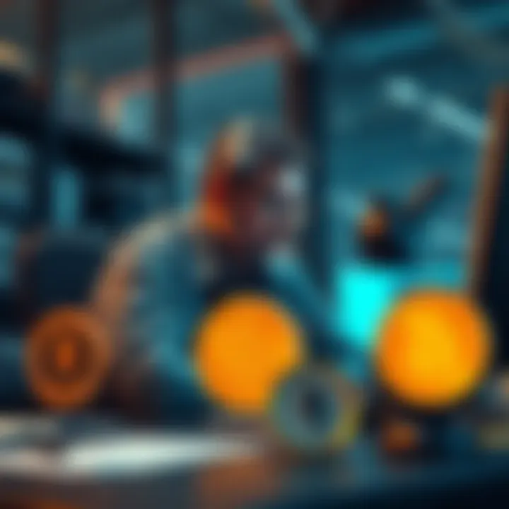 A seasoned crypto follower sitting at a desk with Bitcoin and Ethereum logos around, looking thoughtful about the future of digital currencies.