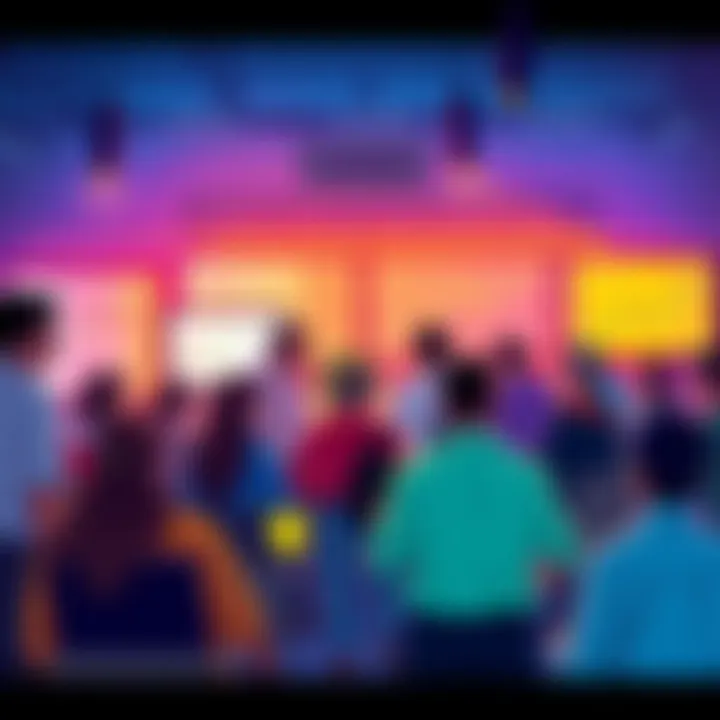 A digital illustration of a group of diverse people discussing cryptocurrency in a forum setting, with screens showing charts and news articles.