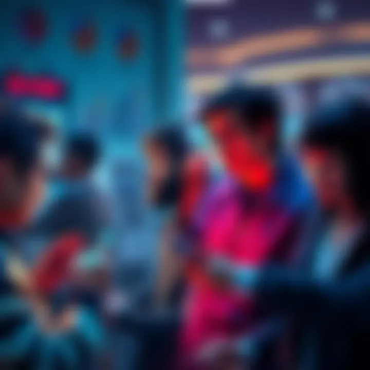 A split image showing two groups: one side depicts neurodiverse individuals discussing crypto with charts and graphs, while the other side features casual gamblers with smartphones and slot machines.