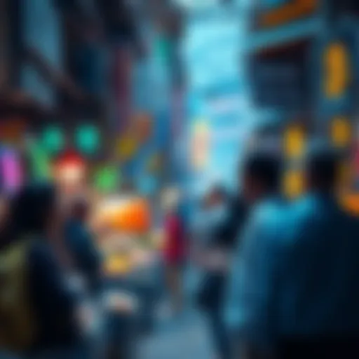 A group of people in a bustling market discussing cryptocurrency; digital currency symbols in the background