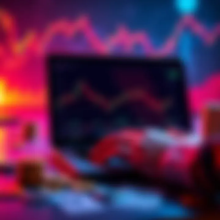 A person analyzing cryptocurrency graphs on a laptop with financial charts and coins around them.