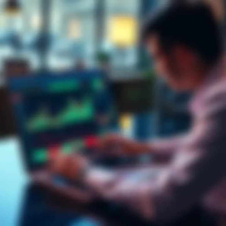 A person analyzing charts and graphs of cryptocurrency trends on a laptop, with charts showing market peaks and dips.