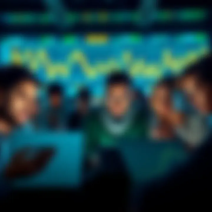 Group of people looking worried while reviewing cryptocurrency investment charts on laptops and phones