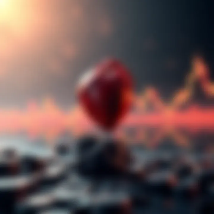 A split image showing a heart balancing on a fluctuating cryptocurrency chart, depicting the emotional highs and lows of crypto trading.