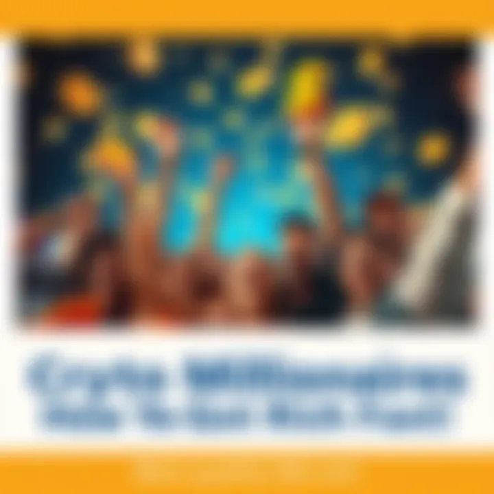 Crypto Millionaires Celebrating Success A group of happy people celebrating their wealth with digital currency icons around them