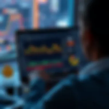 A person looking at a laptop screen displaying cryptocurrency graphs and news articles with social media icons around