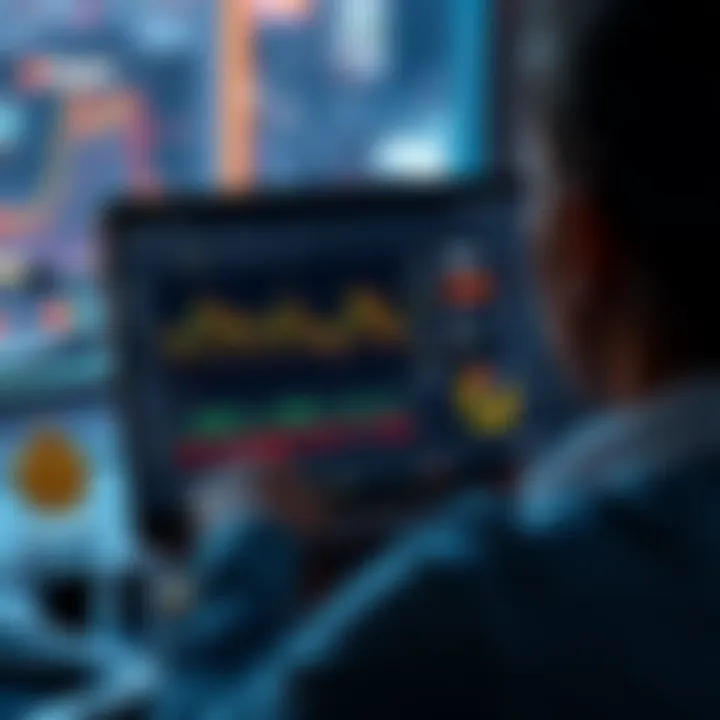 Crypto News Sources A person looking at a laptop screen displaying cryptocurrency graphs and news articles with social media icons around