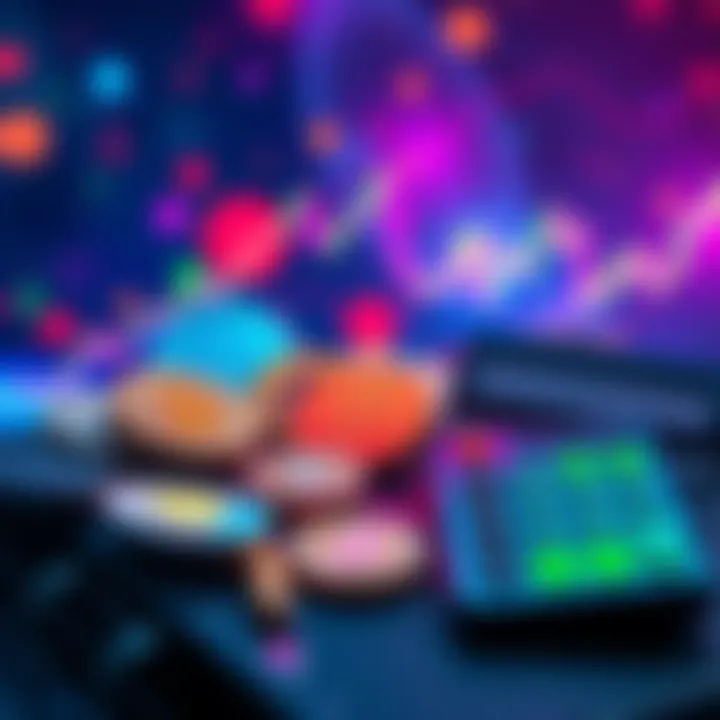 Illustration showing various cryptocurrencies, a stock chart, and a calculator to symbolize investment strategies.