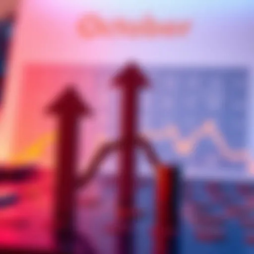 Graphic showing upward and downward arrows representing cryptocurrency price predictions with a calendar for October in the background