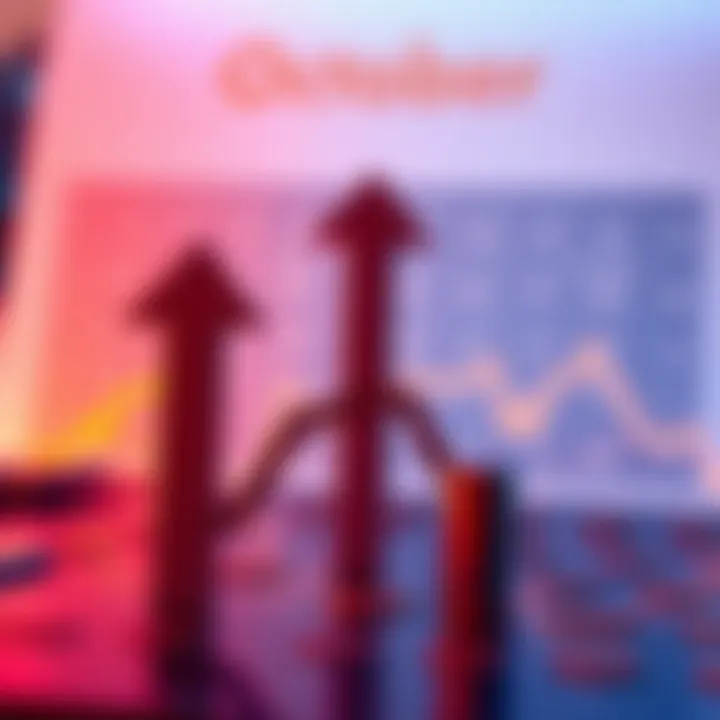 Crypto Price Predictions in October Graphic showing upward and downward arrows representing cryptocurrency price predictions with a calendar for October in the background
