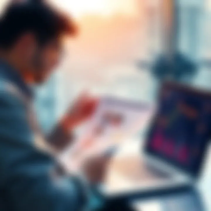 A person examining property listings while considering crypto profits for the purchase, with a laptop showing cryptocurrency charts nearby.