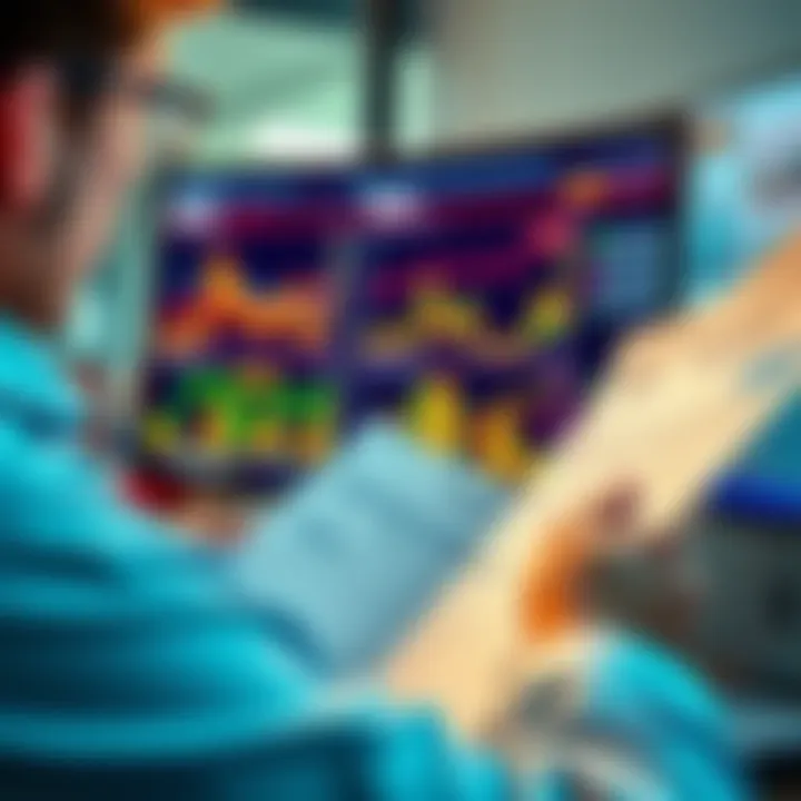 A person reviewing tax documents while looking at a screen displaying cryptocurrency rewards and graphs.