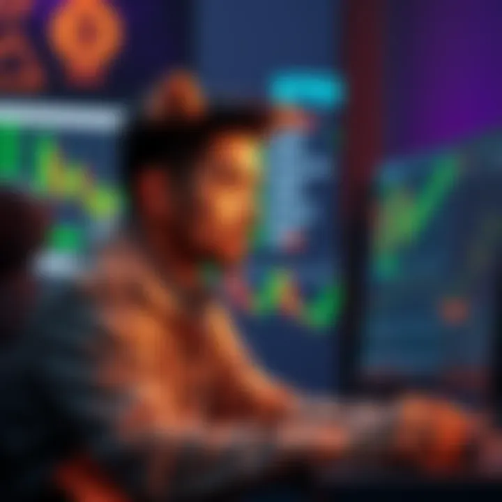 An American man looking for assistance to swap KCC-Peg Shiba Inu tokens for USDT or BTC, with a computer and crypto charts in the background