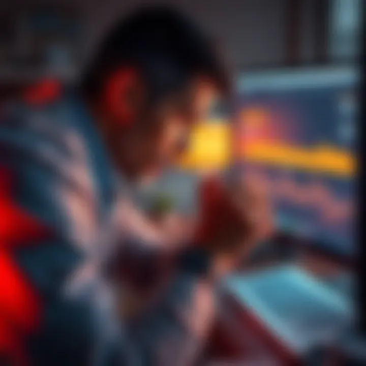 A worried investor looking at a computer screen showing a crypto account with a negative balance, symbolizing loss in cryptocurrency.