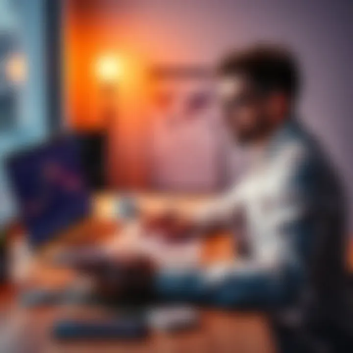 A person reviewing cryptocurrency charts and strategies at a desk with a laptop and notepad, looking determined to succeed in crypto investments.