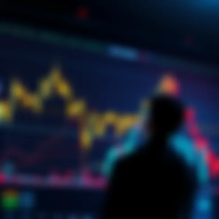 Crypto Assets Analysis A graph showing fluctuating values of Bitcoin, Ethereum, and other cryptocurrencies with a person contemplating their investment decisions.