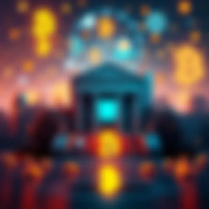 Crypto Banking Integration A visual representation of cryptocurrency symbols and bank buildings, illustrating the integration of digital currency into traditional banking systems.