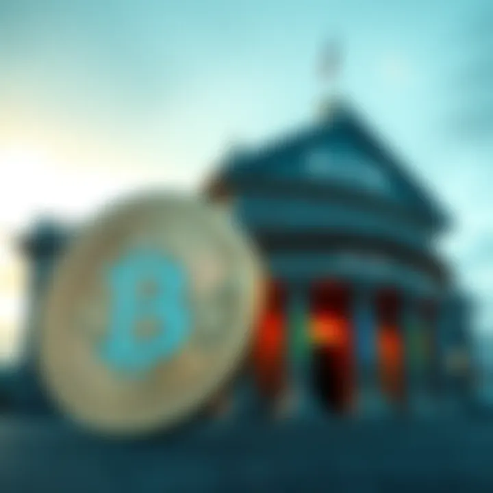 Crypto and Banks Coin Side by Side A visual representation of a cryptocurrency coin next to a traditional bank building, highlighting the relationship between crypto and banking.