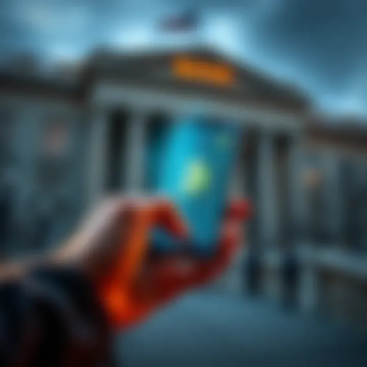 A person using a cryptocurrency app on their phone with a bank building in the background, symbolizing the clash between digital finance and traditional banking.