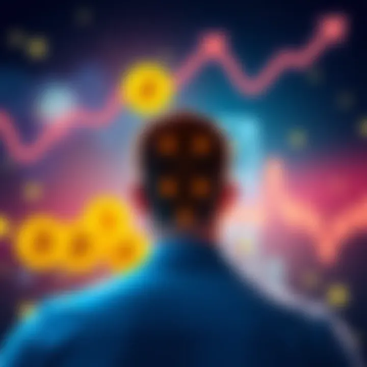 A graphic showing a person considering borrowing in the crypto market, with Bitcoin symbols and arrows representing market movement.