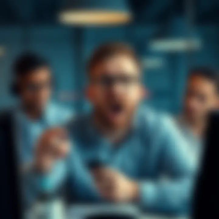 A man at work confidently discussing cryptocurrency despite a significant loss in his portfolio. His expression shows enthusiasm, while coworkers look skeptical.