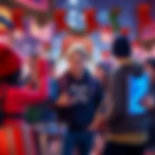 A lively scene of crypto enthusiasts celebrating with festive decorations and technology-themed items.