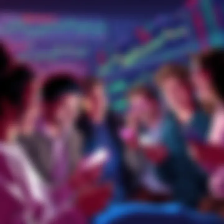 A group of young people sharing jokes and laughing while looking at cryptocurrency market charts on their phones, with memes displayed in the background.