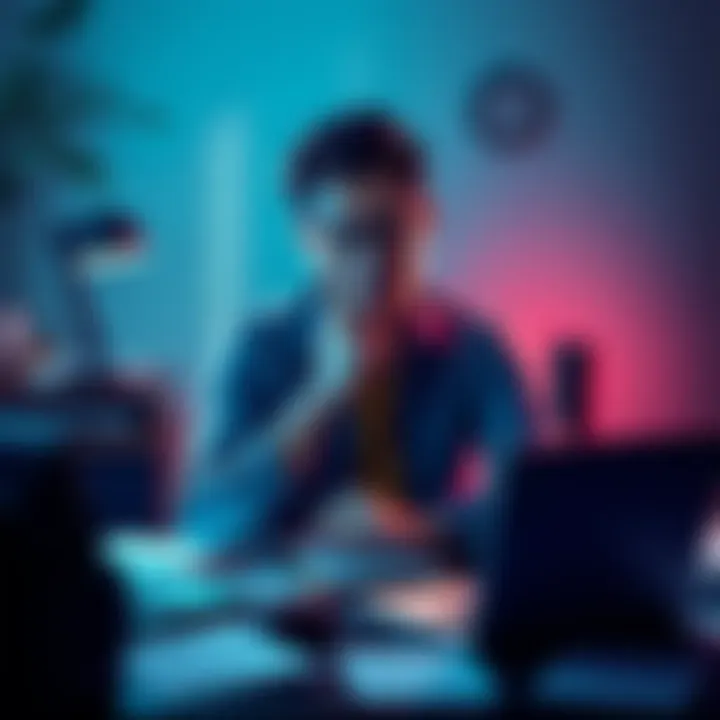 A person reflecting on their experiences in the crypto industry, with a thoughtful expression, sitting at a desk surrounded by papers and a laptop.