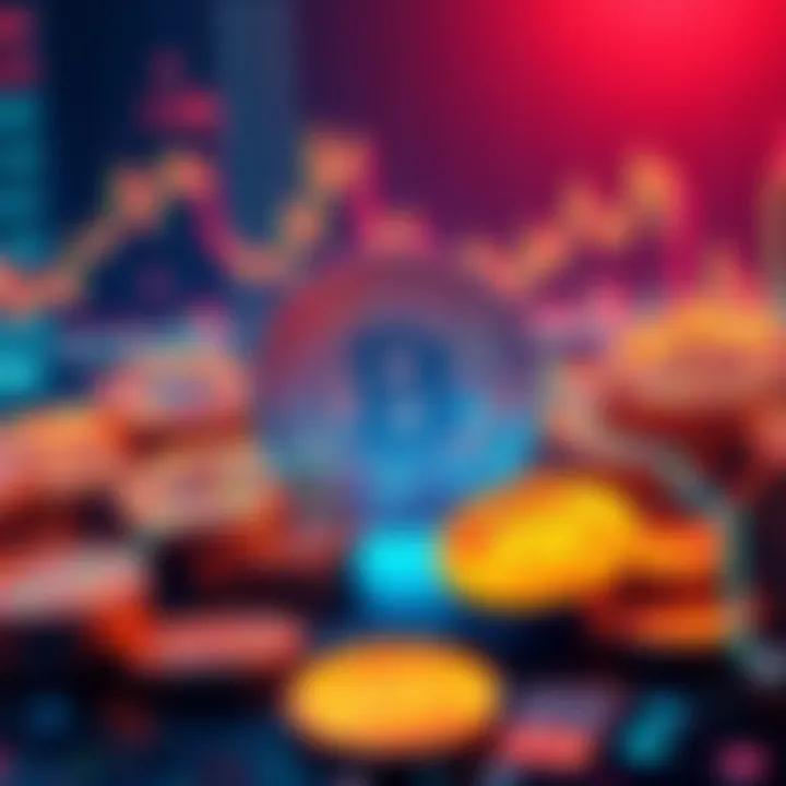 A visual representation of cryptocurrency coins surrounded by fluctuating graphs indicating market ups and downs, illustrating the buy and hold strategy amid downturns.