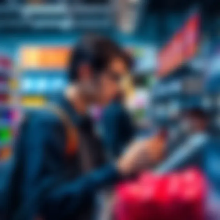 A person using a crypto card at a retail checkout, looking at the payment terminal with a thoughtful expression.