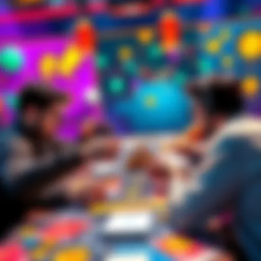 Players engage in a card game themed around cryptocurrency, showcasing cards representing market events and strategies. The background features a colorful game board with crypto symbols and playful gr...