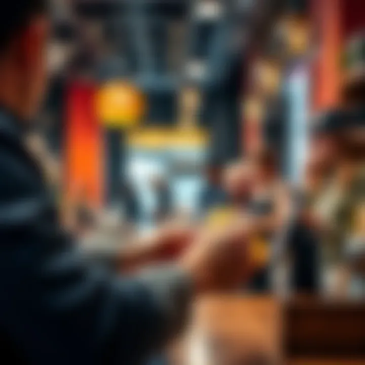 A person holding a crypto card while making a purchase at a coffee shop, showing interest in digital finance options