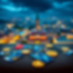 A selection of attractive crypto cards laid out on a table with a European city skyline in the background.