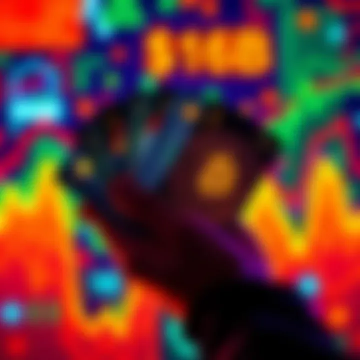 A person holding multiple crypto cards with a background of digital finance symbols