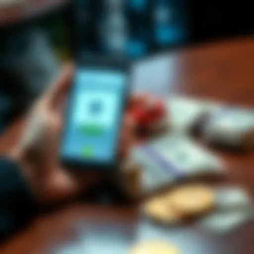 A person holds a smartphone showing a cryptocurrency wallet app while cash is on the table, symbolizing the process of converting crypto to cash.