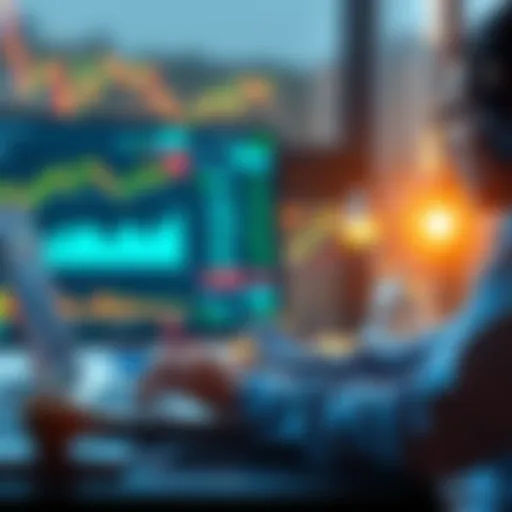 A person analyzing cryptocurrency market data on a laptop, with charts and graphs showing cash flow and portfolio adjustments in the background.