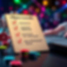 A checklist showing items like licenses and withdrawal terms with a background of casino chips and a laptop