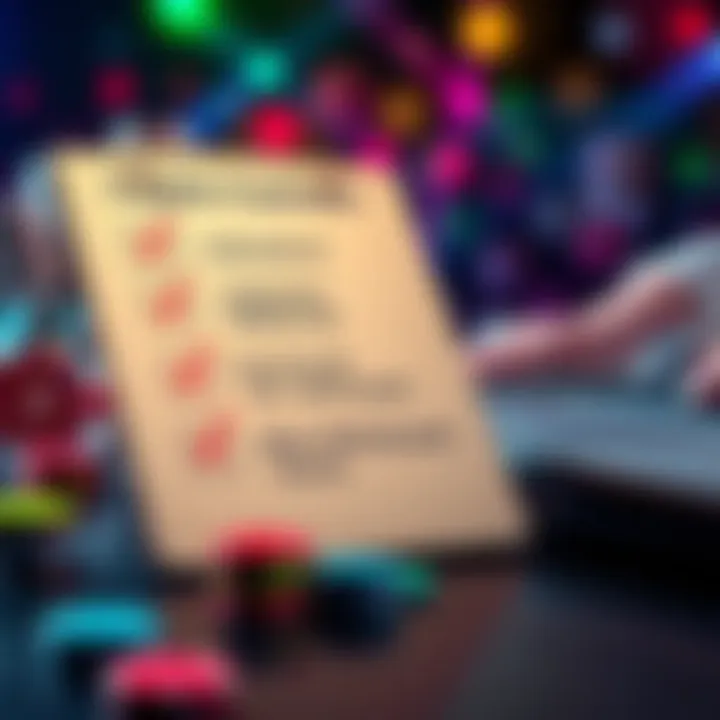A checklist showing items like licenses and withdrawal terms with a background of casino chips and a laptop