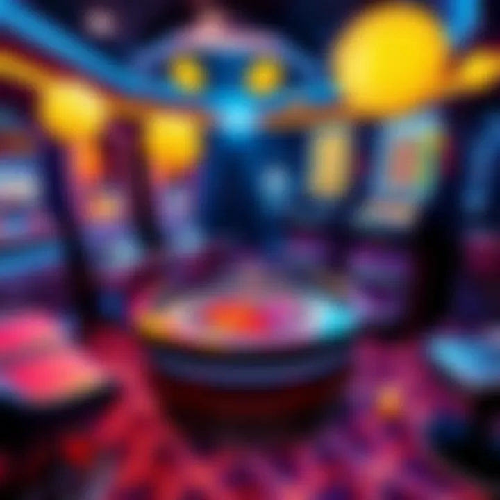 A vibrant digital casino scene featuring roulette, poker, and slot machines with crypto symbols surrounding them.