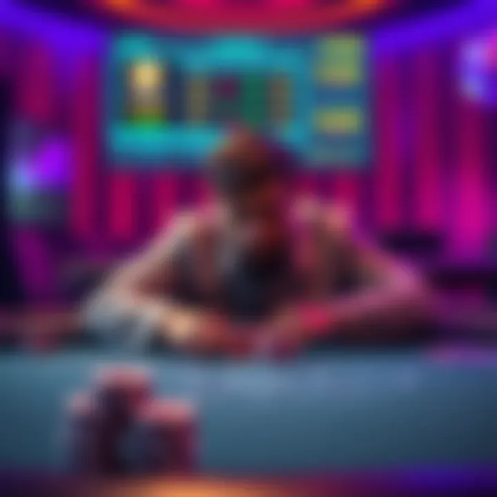 A person looking frustrated at a poker table with chips and a computer screen showing crypto values.