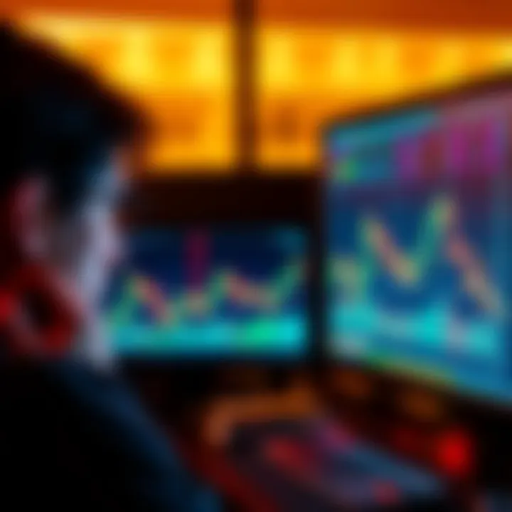 A person looking at a computer screen showing fluctuating cryptocurrency graphs with a worried expression.