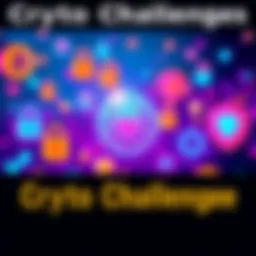 A visual representation of key cryptocurrency challenges like privacy and security issues, depicted through icons of locks, shields, and networks.