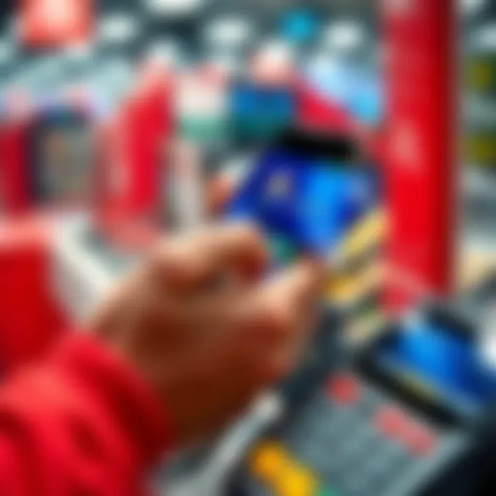 Close-up of a hand holding a smartphone with a crypto wallet app open, next to a debit card at a payment terminal.