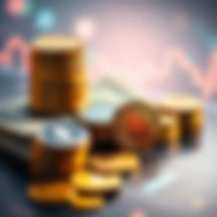 A collection of popular cryptocurrency coins like Bitcoin and Ethereum and a stack of cash representing an initial investment of $1,000 for new investors in 2026.