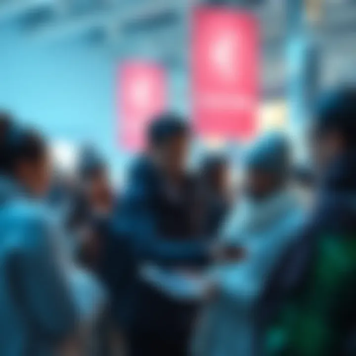 A group of people engaged in cryptocurrency discussions and transactions, showcasing technology like tablets and smartphones.